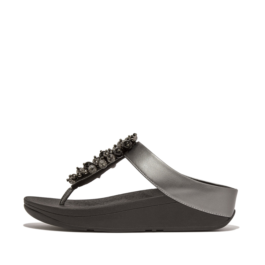FitFlop FINO Bauble‑Bead Toe‑Post Sandals – Pewter Black